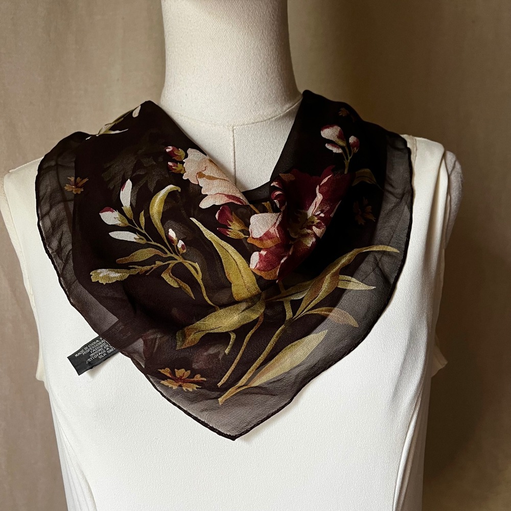 Echo Silk Scarf Brown Floral 20" Square Sheer Lightweight